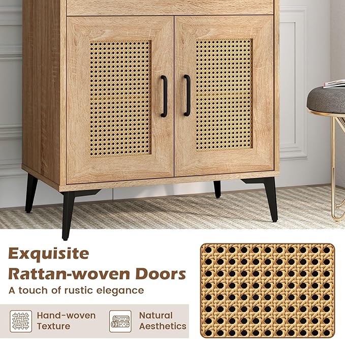 LOKO 45.5” Kitchen Pantry Cabinet Set of 2, Coffee Bar Cabinet with DIY Pegboard, Rattan Buffet Sideboard with Adjustable Shelf, Mid Century Modern Hutch Cabinet for Living Room, Oak (2)