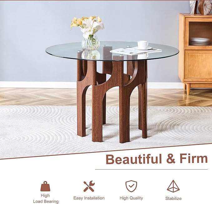 Glass Round Dining Table for 4 6 Person, 46 Inch Glass Kitchen Dining Room Table with Wooden Walnut Pedestal Base,Modern Circle Clear Glass Top Dinner Table for Small Spaces Home/Apartment