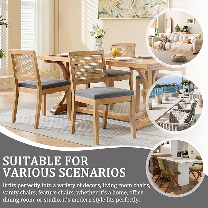 Modern Wooden Dining Chair Set of 6, Farmhouse Kitchen & Dining Room Chair with Solid Wood Legs, Rattan Upholstered Kitchen Chairs for Restaurant/Living Room (Gray, Set of 6)