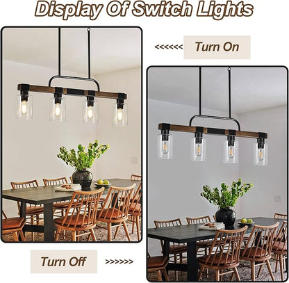 Farmhouse Dining Room Light Fixtures Over Table，Rustic Ceiling Pendant Lights Kitchen Island，4-Light Wood Kitchen Island Lighting Linear Chandelier with Clear Glass lampshade