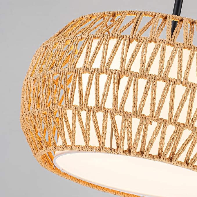 3-Light Farmhouse Rattan Chandelier,15.7'' Boho Hand Woven Drum Pendant Light Fixtures with Fabric Shade,Coastal Rattan Hanging Ceiling Lights for Kitchen Island,Dining Room,Living Room,Entryway,Foyer
