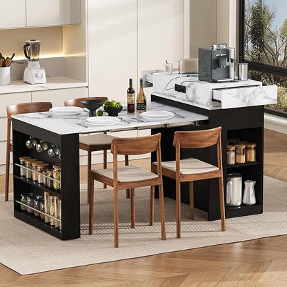 Kitchen Islands with Extendable Dining Table, Wheels and Hooks, Sideboard, Island Table with Double-Side Storage for Kitchen and Dining Room (Black+Marble White)
