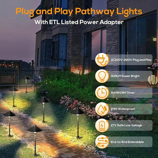 Low Voltage Pathway Lights with Timer, Plug in Landscape Path Lights 4H/6H/8H Timing, 3000K LED Landscape Lighting IP65 Waterproof ETL Listed, Set of 6 Lights Total 18W, Non-Hardwired