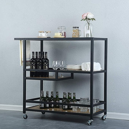 MBQQ Bar and Serving Cart Industrial & Modern Rustic Rolling Bar and Serving Cart,3-Tiered Wood & Metal Kitchen Bar Cart Island with Wheels,Move Storage Coffee/Wine Island Shelf,Black
