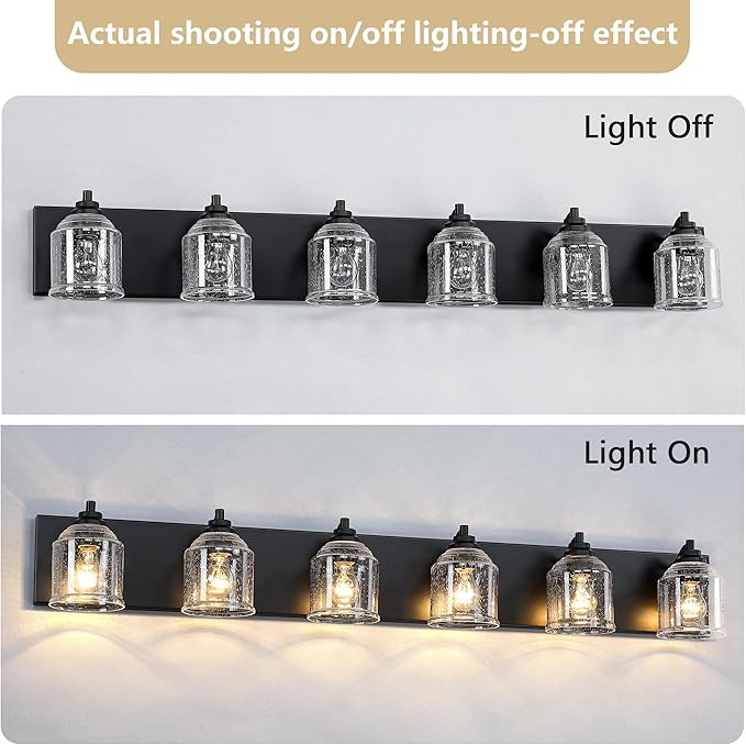 Vanity Lights for Bathroom Large 48 inch, Farmhouse Rustic Vanity Light with Bubble Glass Shades, Black 6 Light Bathroom Lighting Fixtures Over Mirror, Bath Wall Sconce Home Decor