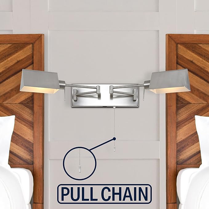 JONATHAN Y 54" Nickel 2-Light Double Swing Arm LED Wall Sconce, Industrial Farmhouse Iron Wall Lamp with Pull-Chain, USB, Metal Shades (JYL6016B)