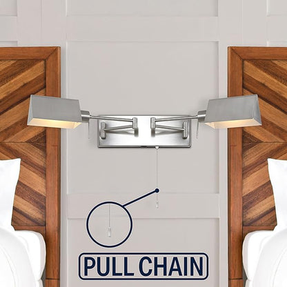 JONATHAN Y 54" Nickel 2-Light Double Swing Arm LED Wall Sconce, Industrial Farmhouse Iron Wall Lamp with Pull-Chain, USB, Metal Shades (JYL6016B)