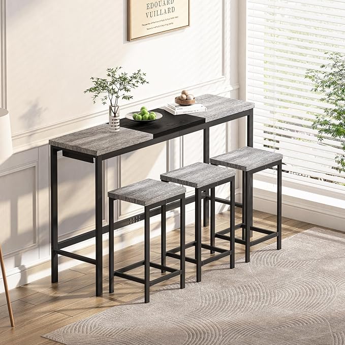 4 Piece Modern Design Kitchen Dining Table,1 Bar Table and Small Kitchen Table Set for 3,Wooden Counter Height Table Set for Kitchen,Convenient Hanging Stool Design,Dining Room Island Table (Grey)