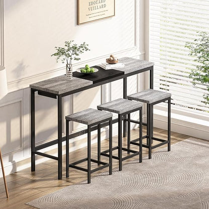 4 Piece Modern Design Kitchen Dining Table,1 Bar Table and Small Kitchen Table Set for 3,Wooden Counter Height Table Set for Kitchen,Convenient Hanging Stool Design,Dining Room Island Table (Grey)