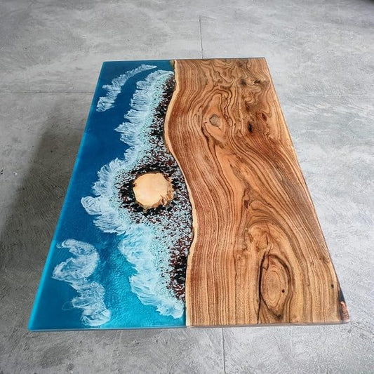 RESINHOMEFURNITURE Premium Exquisite Mini Island Look Blue Ocean Beach with Stones Epoxy Dining Table Resin Table Coffee Table Kitchen Table Conference Table Side/End Table Bar Counter