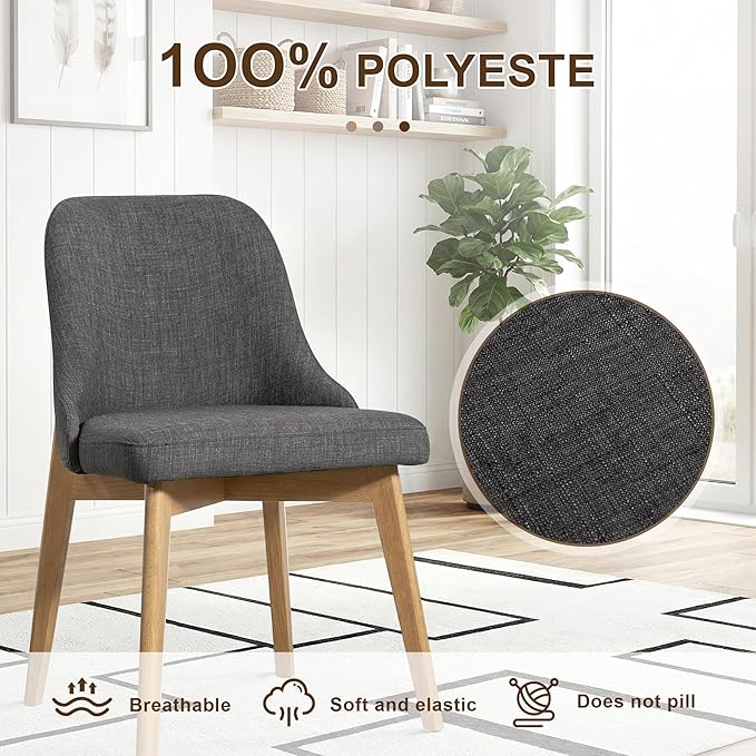 Casaphoria Set of 2 Upholstered Dining Chairs, Dark Grey Fabric Kitchen Chairs with Black Wood Legs, Modern Accent Chairs for Dining Room, Living Room or Kitchen