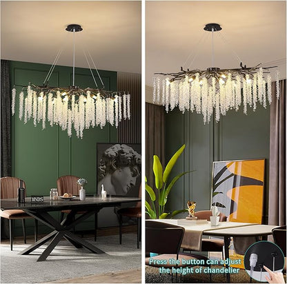 Tree Branch Chandelier L39.5 Inch Black Luxury Rectangular Crystal Raindrop Pendant Light 12 Lights Kitchen Island Hanging Light Fixture for Living Room Dining Room Foyer Entryway
