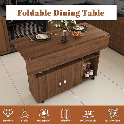 47" Folding Dining Table with Storage Shelves, Multi-Functional Rolling Kitchen Island on Wheels, Compact Desk for Small Spaces, Kitchen, Dining Room, Work, Walnut