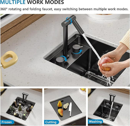 13"x15" Undermount RV Kitchen Sink Workstation – 16 Gauge 304 Stainless Steel Gunmetal Black NANO-PVD Single Bowl Basin with Foldable Faucet, for RV, Outdoor Camper, Mobile Home, Wet Bar