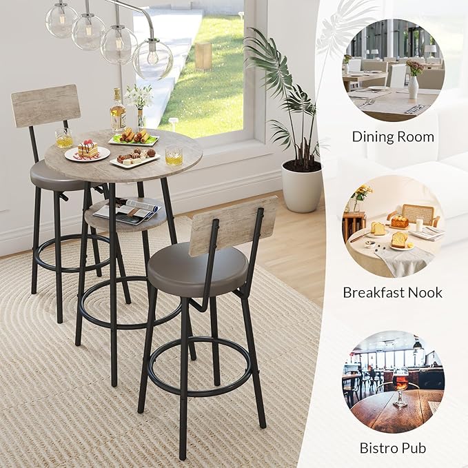 Zevemomo 3 Pieces Round Bar Table and Chairs Set, Small Dining Table for 2, Kitchen Bar Table, Breakfast Table with Storage, 2 Thickened Cushion Stools with Backrest for Dining Room & Bistro-Grey