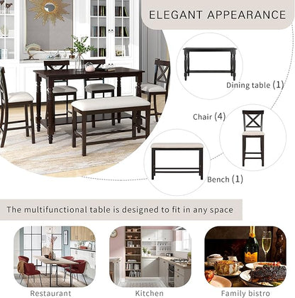 VilroCaz Modern Elegant 6-Piece Counter Height Kitchen Dining Table Set, Solid Wood 60'' Rectangle Table with Bottom Shelf, 4 Comfort Upholstered Chairs 1 Bench for Dining Room Restaurant (Espresso)