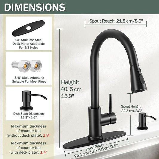 Herogo Black Kitchen Sink Faucet Set with Pull Down Sprayer and Soap Dispenser, Stainless Steel Rv Outdoor Kitchen Faucet for 1-3 Hole with Pop Up Drain, Deck Plate and Supply Hose
