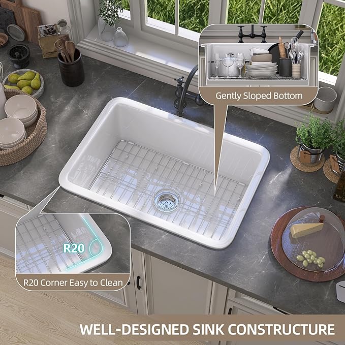 GETPRO White Undermount Kitchen Sink 27 inch Fireclay Porcelain Farmhouse Sink Drop in 27X19 Single Bowl Topmount Deep Farm House Style Easy to Clean for Bar, Kitchen, Laundry, Outdoor