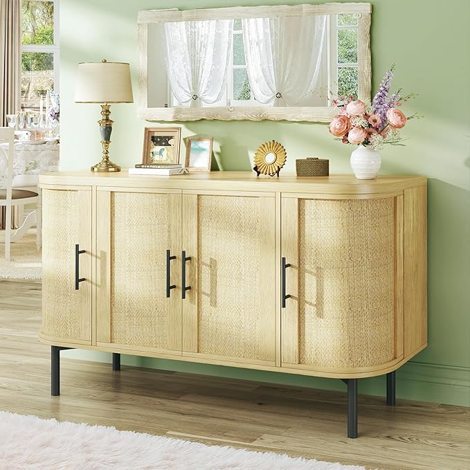 HUAHUU 47.2" Sideboard Buffet Cabinet with Storage, Sideboard Cabinet with 4 Rattan Doors, Adjustable Shelf & Metal Legs, Multifunctional Storage Cabinet for Kitchen, Living Room, Entryway, Oak