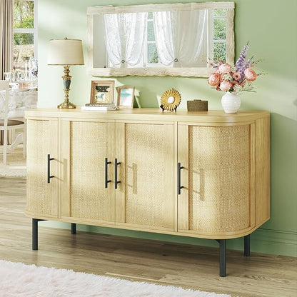 HUAHUU 47.2" Sideboard Buffet Cabinet with Storage, Sideboard Cabinet with 4 Rattan Doors, Adjustable Shelf & Metal Legs, Multifunctional Storage Cabinet for Kitchen, Living Room, Entryway, Oak