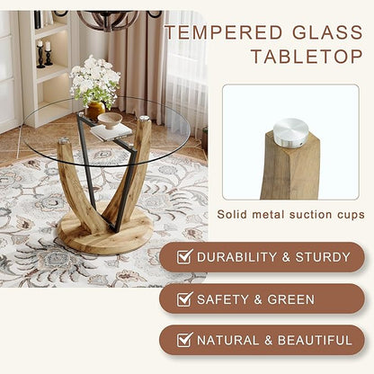 JUFU Round Dining Table for 4, 42 Inch Dining Room Table, Wood Small Kitchen Table with Stable Pedestal, Modern Glass Dining Table for Kitchen,Living Room,Apartment,Restaurant