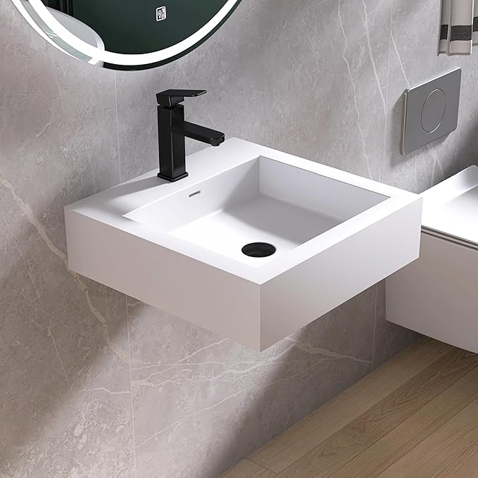Small Vessel Sink, 19" x 19" Wall Mount Bathroom Sink, Stone Resin Floating Sinks with Overflow, Square Solid Surface Floating Vessel Sinks, White