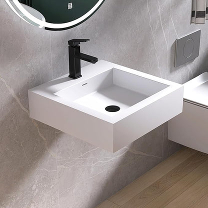 Small Vessel Sink, 19" x 19" Wall Mount Bathroom Sink, Stone Resin Floating Sinks with Overflow, Square Solid Surface Floating Vessel Sinks, White