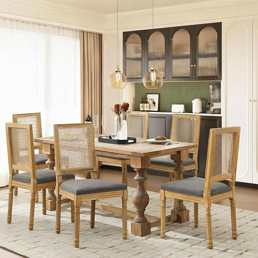 SoarFlash French Dining Chairs Set of 6, Vintage Dining Chairs with Rattan Backrest, Wooden Framehouse Chairs for Living Room, Kitchen, Restaurant, Grey