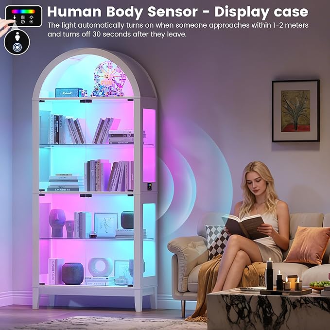 HNEBC Arched Book Shelf with Glass Doors, LED Bookcase with RGB Lights, 5 Tier Cabinet Has 9-Cube Storage, 69" Display Cabinet for Living Room,Bedroom(White)
