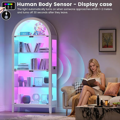 HNEBC Arched Book Shelf with Glass Doors, LED Bookcase with RGB Lights, 5 Tier Cabinet Has 9-Cube Storage, 69" Display Cabinet for Living Room,Bedroom(White)