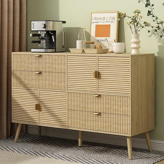 Coffee Bar Cabinet with Doors & Drawers, 47" Fluted Sideboard Buffet Storage Cabinet with Storage for Kitchen, Dining Room, Hallway, Modern Mid Century, Natural Oak