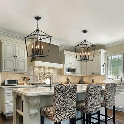 15.75" Black Farmhouse Chandelier for Dining Room, 4-Light Lantern Pendant Light Fixture Industrial Vintage Iron Cage Hanging Light for Entryway Kitchen Island Foyer