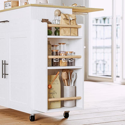 IRONCK Kitchen Island with Storage, Rolling Kitchen Island on Wheels with Drop Leaf, 3 Open Spice Rack Shelf, Door Cabinet, Drawer, Kitchen Cart Island Table for Kitchen, White