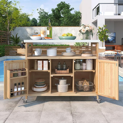 Modern Dining Table Outdoor Kitchen Island with Cabinet, Rolling Bar Cart, Farmhouse Solid Wood Grill Table with Stainless Steel Top, Spice Rack, Towel Rack for Kitchen Dining Room Tables,Natu