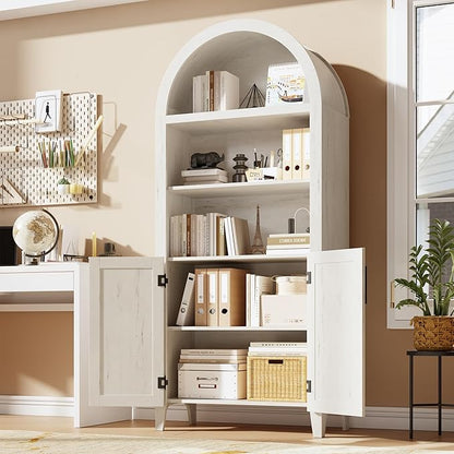 IDEALHOUSE Arched Kitchen Pantry Cabinet with Doors - 5-Tier Open Display Shelf with Nice Texture, Farmhouse Storage Cabinet for Kitchen, Dining Room, Living Room, White