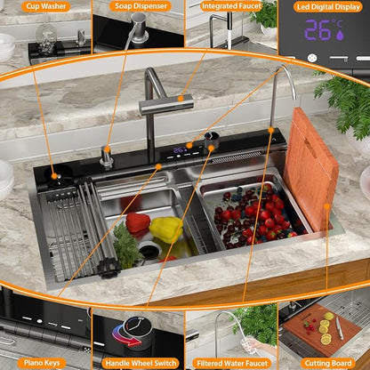 Mocoloo 30 Inch Honeycomb Waterfall Kitchen Sink Drop in, 30x19 Inch Stainless Steel Workstation Sink 16 Gauge Topmount Single Bowl LED Display Sink with Complete Kit
