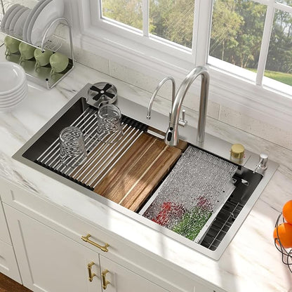 33 Inch Drop In Waterfall Kitchen Sink Workstation Smart 16 Gauge Stainless Steel Single Bowl Waterfall Sinks with Waterfall Faucet Combo and Cup Washer Set