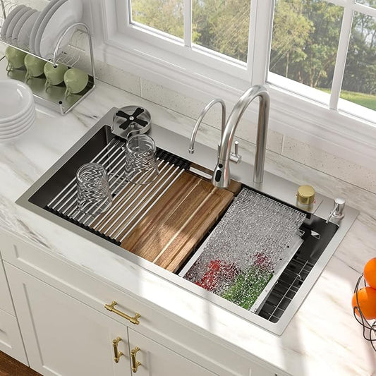 33 Inch Drop In Waterfall Kitchen Sink Workstation Smart 16 Gauge Stainless Steel Single Bowl Waterfall Sinks with Waterfall Faucet Combo and Cup Washer Set