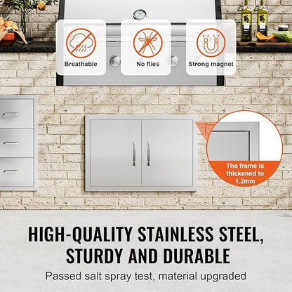 VEVOR BBQ Access Door, 28W x 19H Inch Double Outdoor Kitchen, Stainless Steel Flush Mount, Wall Vertical with Handles, for BBQ Island, Grilling Station, Outside Cabinet
