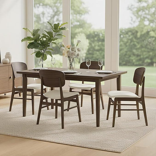KISLOT Wooden Dining Chairs Set of 4, Upholstered Modern Dining Room Chairs, Mid Century Oak Kitchen Chairs with Ergonomic Wood Backrest for Farmhouse, Restaurant, Café (Cream Fabric & Walnut Color)