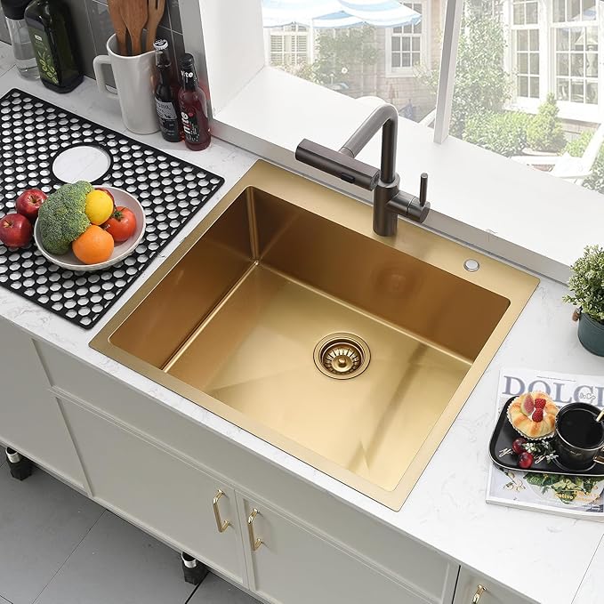 20 Inch Gold Drop In Kitchen Sink-Brovy 20x16 Gold Kitchen Sink Drop In with Faucet Combo Small Outdoor Rv 18 Gauge Stainless Steel Top Mount Single Bowl Wet Bar Sinks with Mat&Drainer