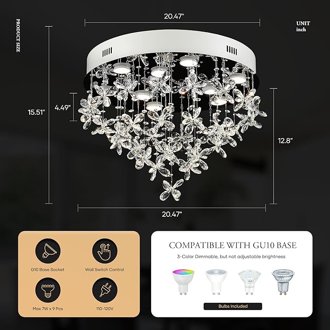 9-Lights Modern Chandelier K9 Crystal Lighting Fixture,20 Inch Round Silver Stainless Steel Flush Mount Ceiling Lights for Bedroom Foyer Hallway Dining Room,GU10 Bulbs Include