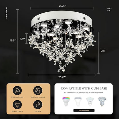 9-Lights Modern Chandelier K9 Crystal Lighting Fixture,20 Inch Round Silver Stainless Steel Flush Mount Ceiling Lights for Bedroom Foyer Hallway Dining Room,GU10 Bulbs Include
