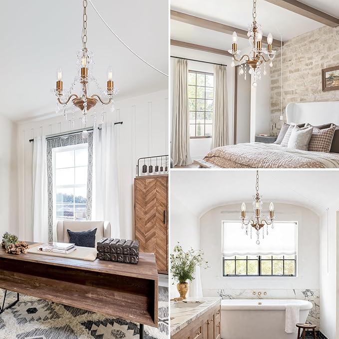 Plug in Chandelier with Glass Crystals, 3-Light Vintage Gold Miniature Crystal Chandelier, Modern Pendant Light for Small Spaces, Bedroom Kitchen Island Entryway Covered Patio, E12 Base