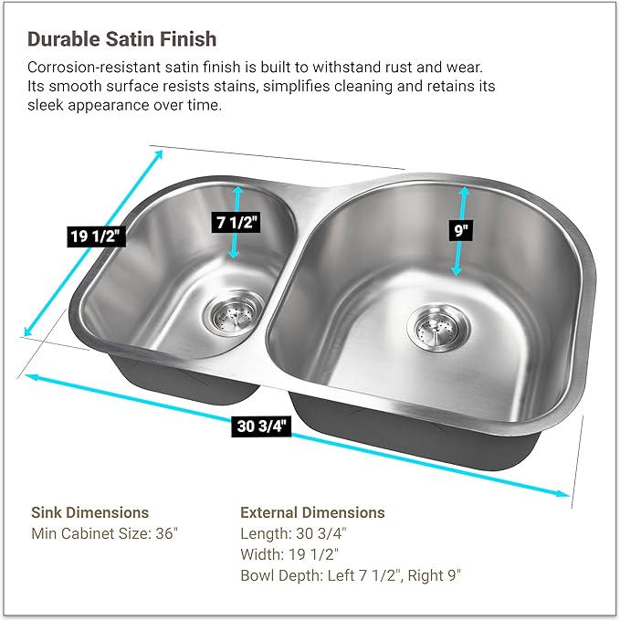 MSI 30 inch Undermount 40/60 Double Bowl 18 Gauge Stainless Steel Kitchen Sink and Strainer