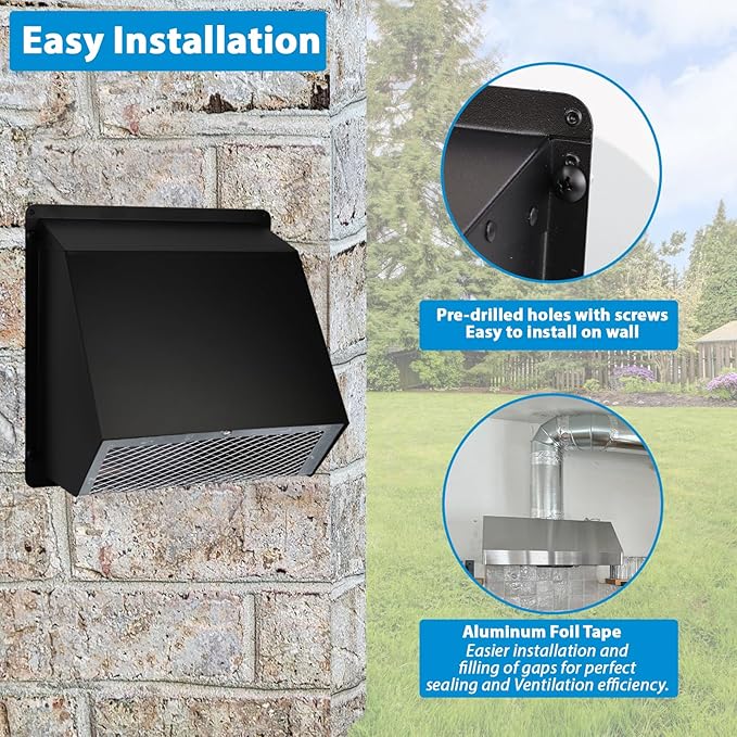 Dryer Vent Cover Outside,6 Inch Hooded Wall Vent with Screen&Damper,6"Vent Cover Exterior Vent Hood Wall Exhaust Vent Cover Cap for Kitchen Exhaust/Range Hood/Outdoor Air Vent,Galvanized Steel,Black