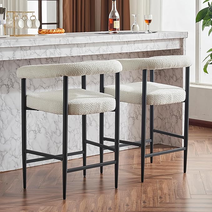 Modern Upholstered Bar Stools Set of 2, Boucle Fabric Counter Height Chairs with Metal e Armrests, Kitchen Island Bar Chairs for Home, Dining Room, Cafe,White