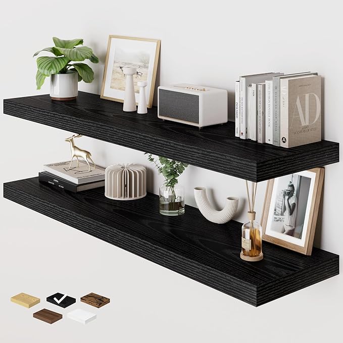 RICHFOCUS Deep Floating Shelves for Wall 2 Pack 12" D 48 Inch Wall Shelves for Room Wall|Wood Hanging Shelf with Invisible Brackets for Bathroom Bedroom Kitchen Laundry Room, Black