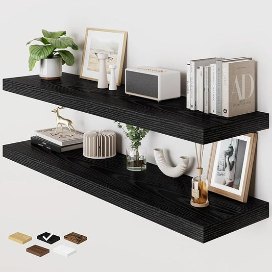 RICHFOCUS Deep Floating Shelves for Wall 2 Pack 12" D 48 Inch Wall Shelves for Room Wall|Wood Hanging Shelf with Invisible Brackets for Bathroom Bedroom Kitchen Laundry Room, Black
