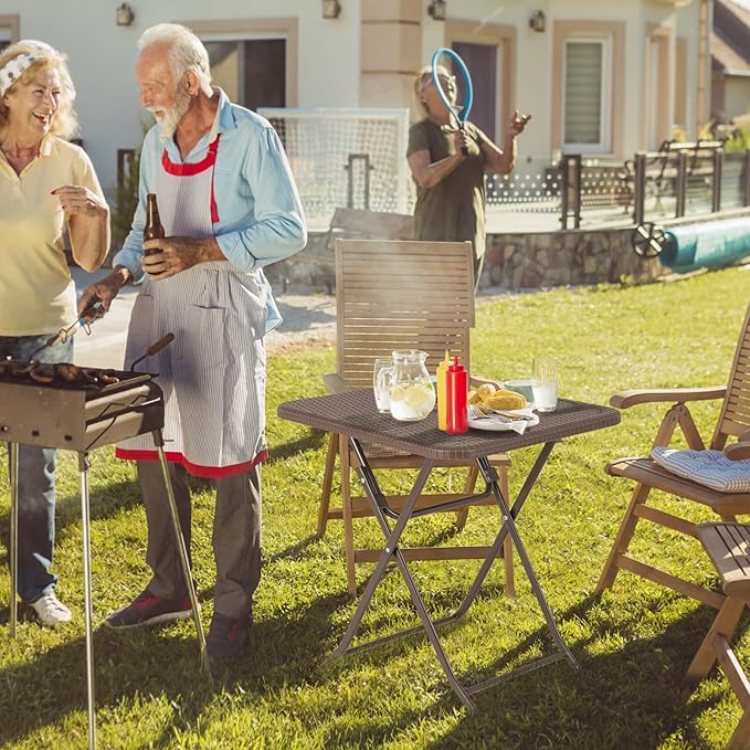 Tangkula 23.5" Square Folding Table, Indoor Outdoor Foldable Plastic Table with Rattan Textured HDPE Tabletop, Sturdy Metal Fame, Carrying Handle, 4 Person Picnic Table for Camping BBQ Party